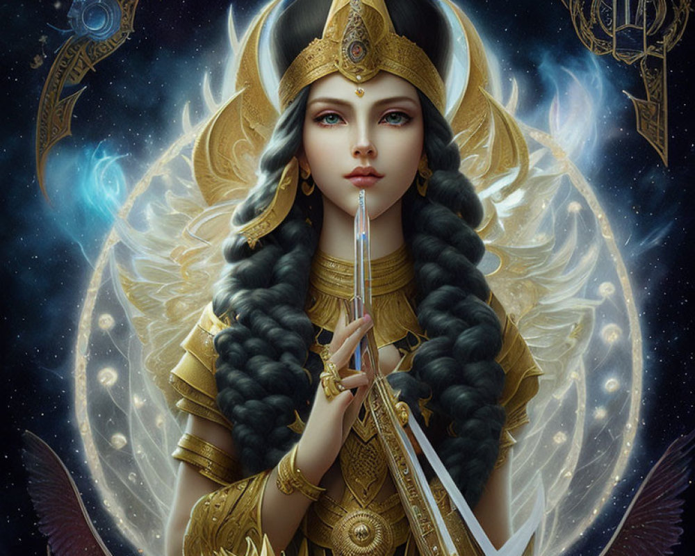 Celestial warrior woman with silver hair in ornate golden armor and luminous sword on cosmic background.