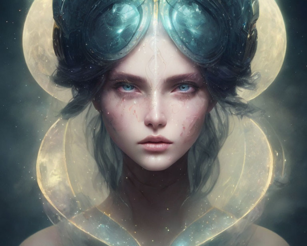 Fantasy Portrait of Woman with Celestial Headgear and Blue Eyes