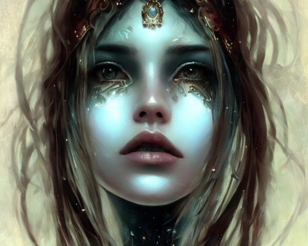 Ethereal fantasy portrait of a woman with jeweled forehead piece