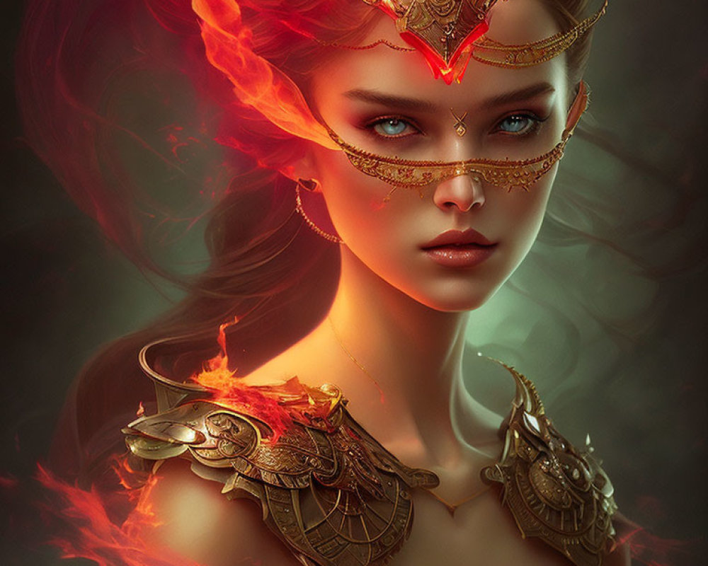 Fantasy portrait of woman with red hair and golden armor on dark background