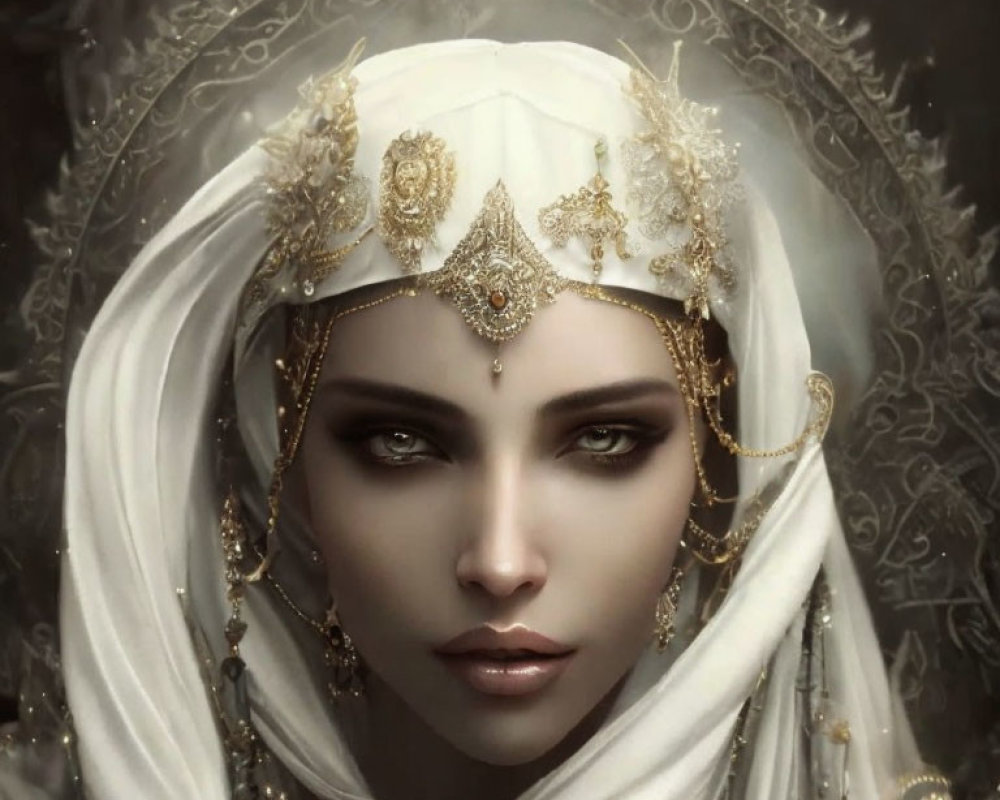 Portrait of a Woman with Green Eyes and Ornate Headdress in Mystical Setting