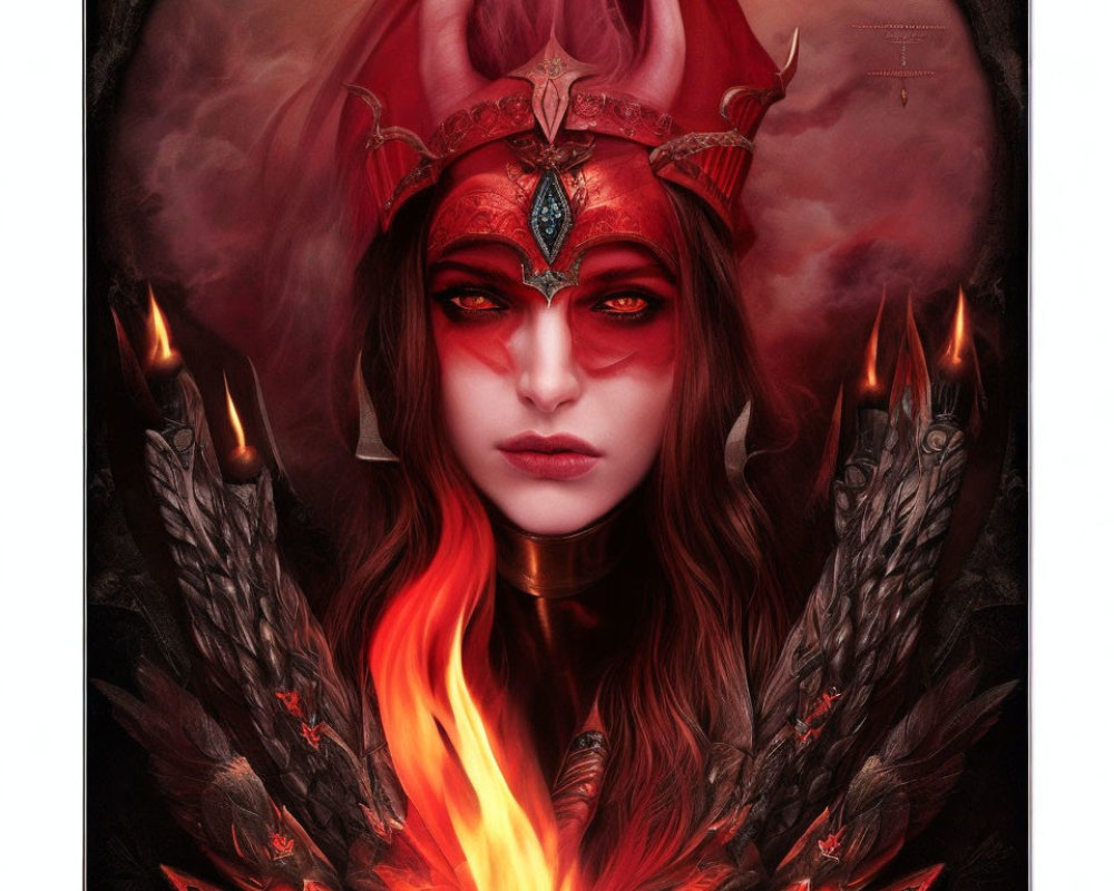 Fantasy illustration of woman with ornate helmet and glowing eyes