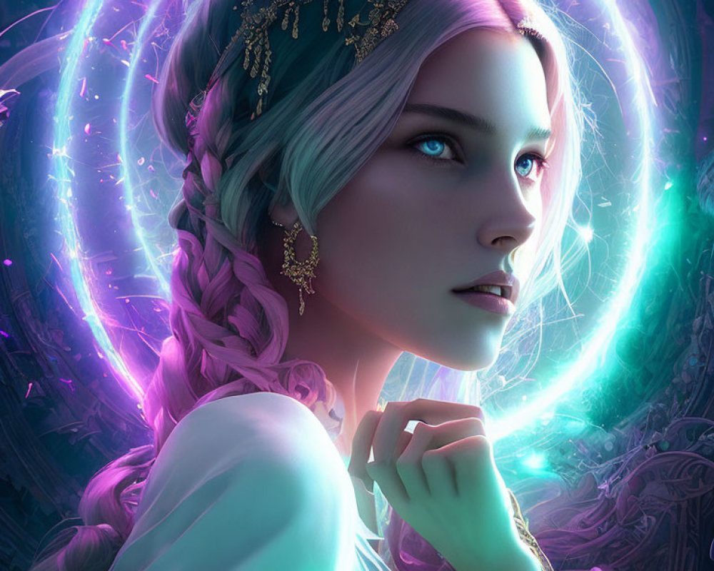 Fantasy female character with braided hair and gold jewelry in mystical digital art