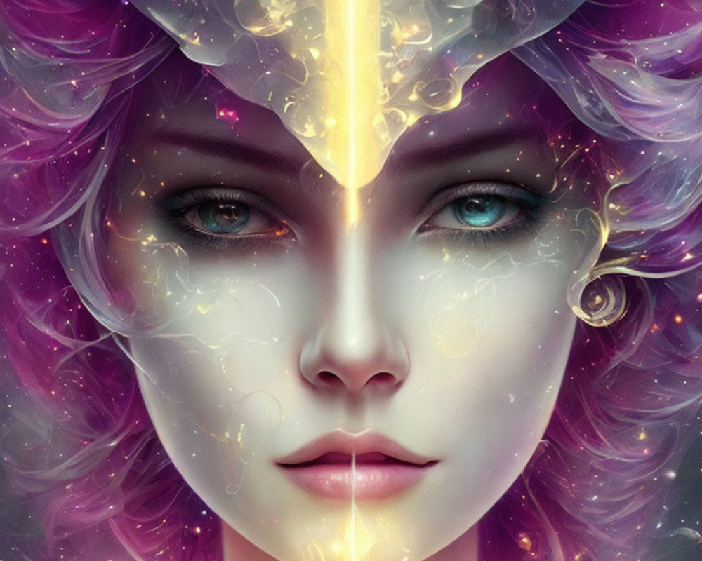 Vibrant purple hair and cosmic theme in portrait of a woman