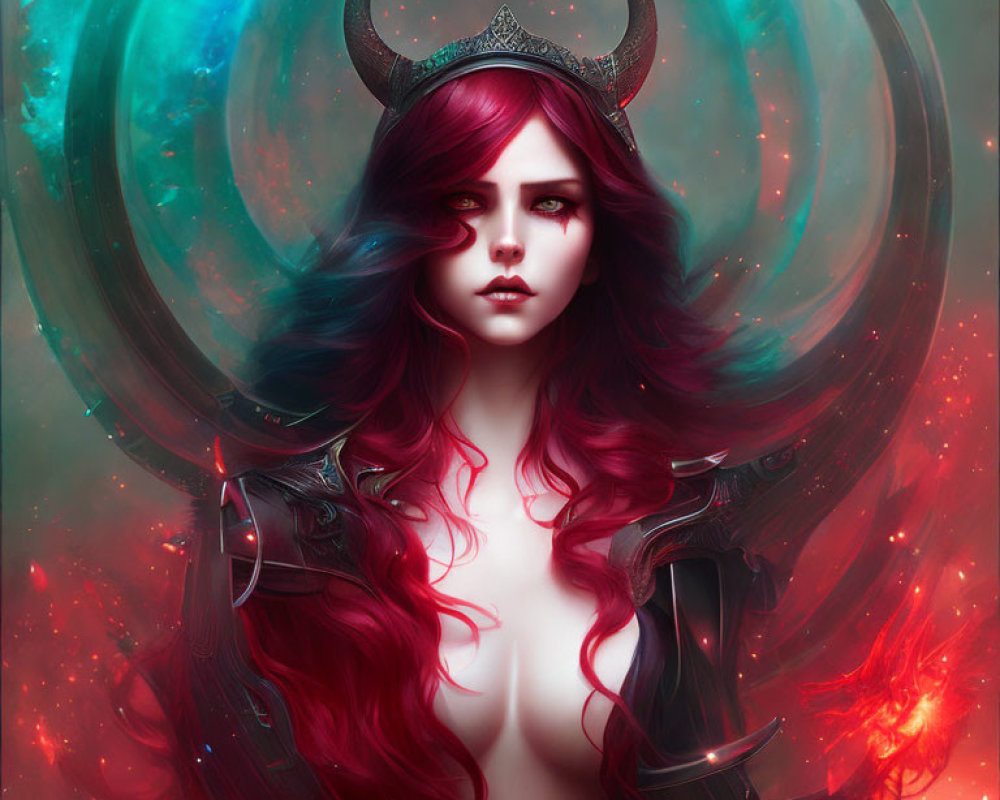 Mystical woman with horns and red hair in ethereal blue glow