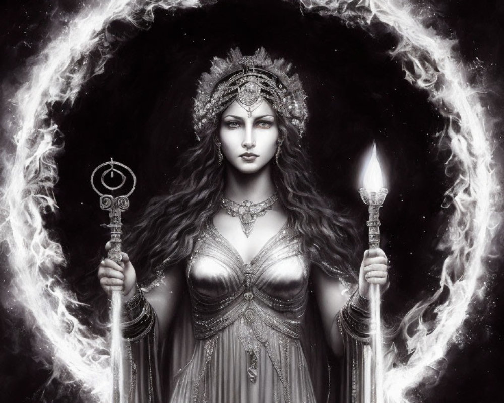 Monochrome image of majestic woman with crown, jewelry, scepter, flame, and swirling light halo