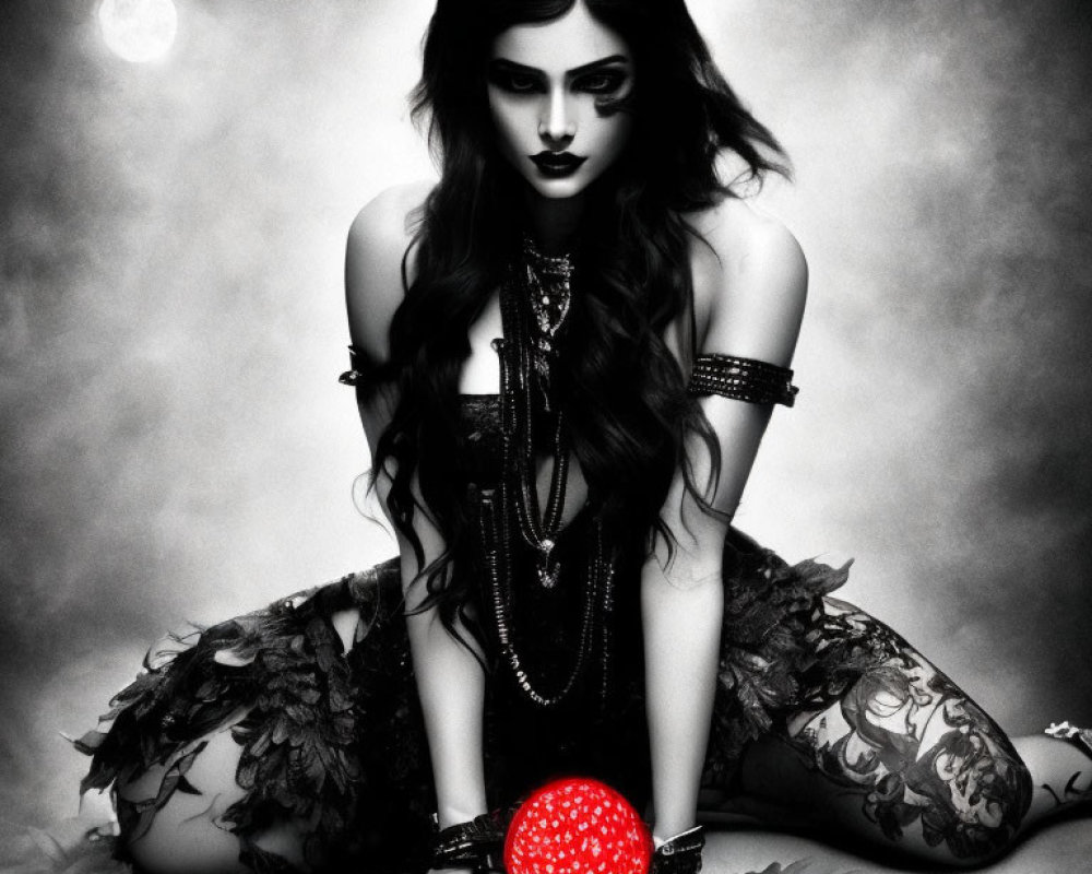 Monochrome gothic woman with dark makeup and tattoos holding red crystal ball under moon