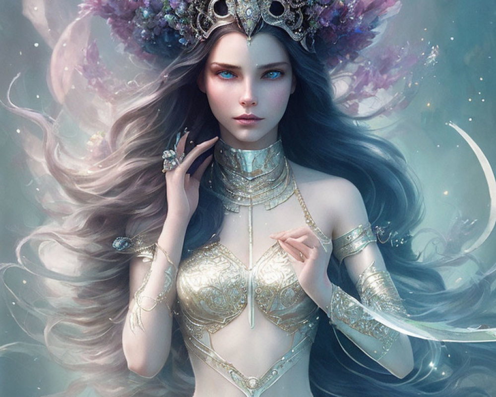 Ethereal woman with blue eyes in floral crown and golden jewelry