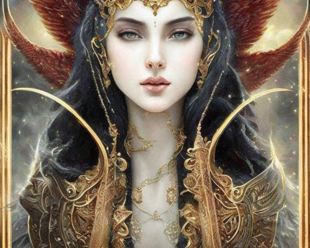 Fantasy portrait of woman in golden armor with red feathered wings