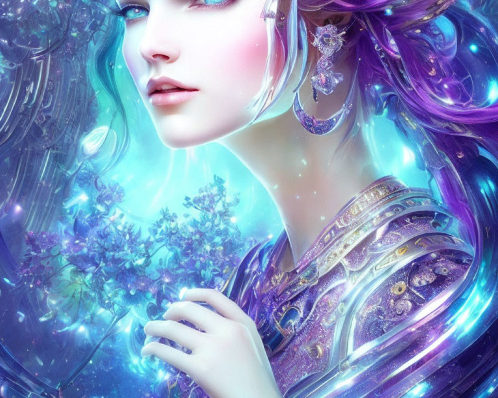 Fantasy digital art of female character with blue hair and glowing aura