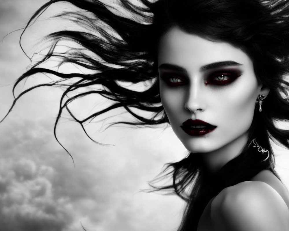 Monochrome portrait of woman with red eyes and lips on cloudy sky background