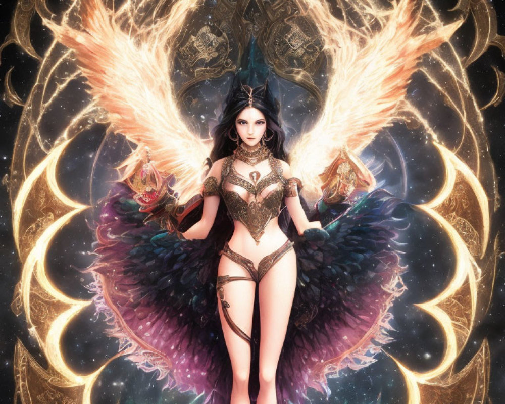 Fantasy illustration of woman with dark angel wings in cosmic setting