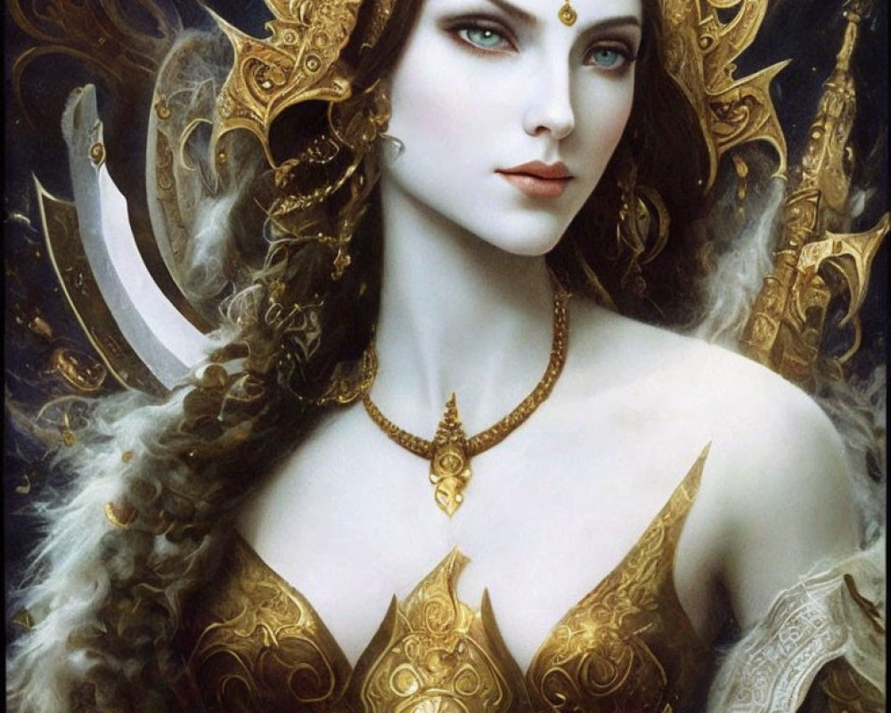 Ethereal woman in golden armor with blue eyes