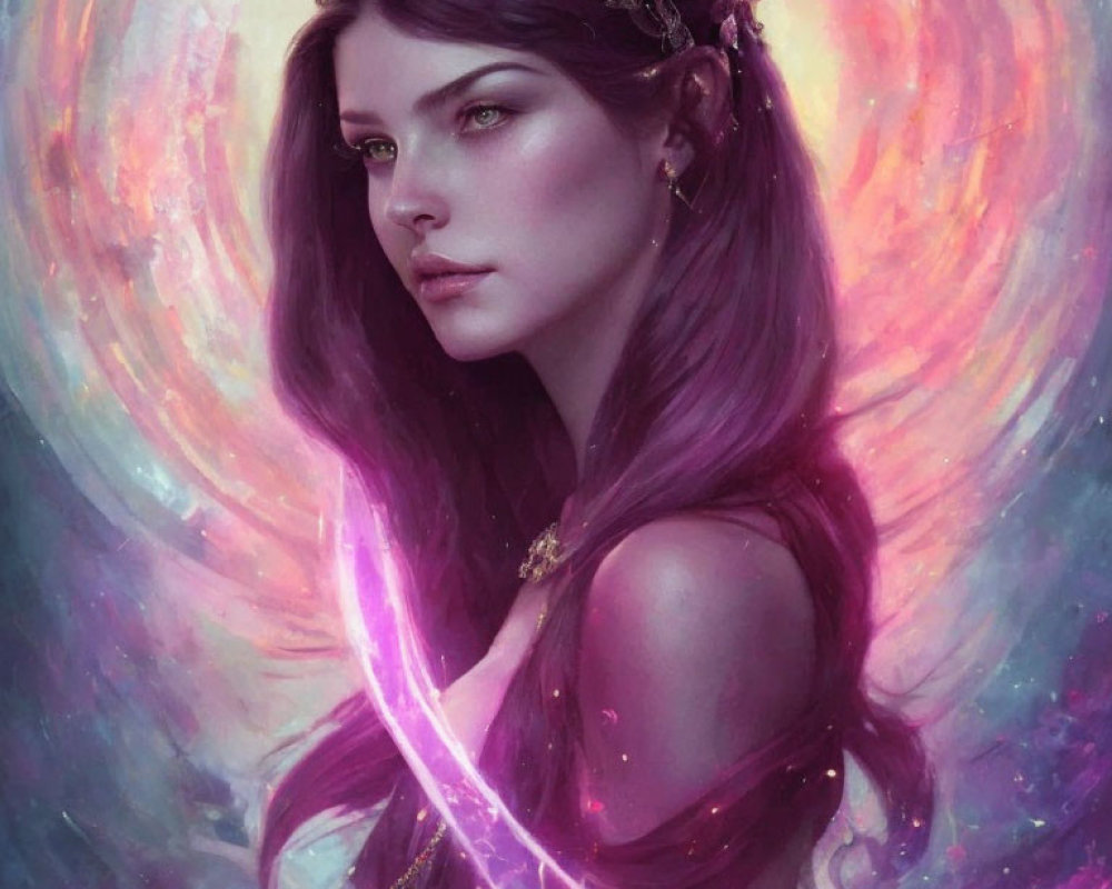 Digital artwork: Woman with purple hair and golden crown in vibrant pink and purple backdrop