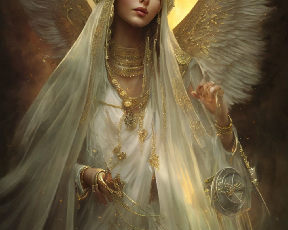 Ethereal figure in white garments with golden jewelry and luminescent wings