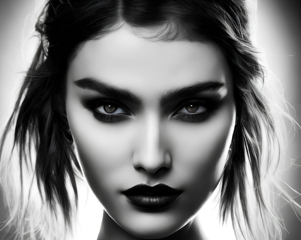 Monochrome portrait of a woman with striking eyes and bold makeup