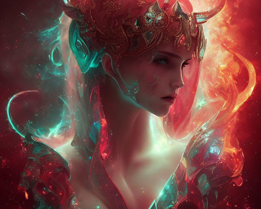 Elaborate golden headgear on mystical woman with swirling red and blue lights