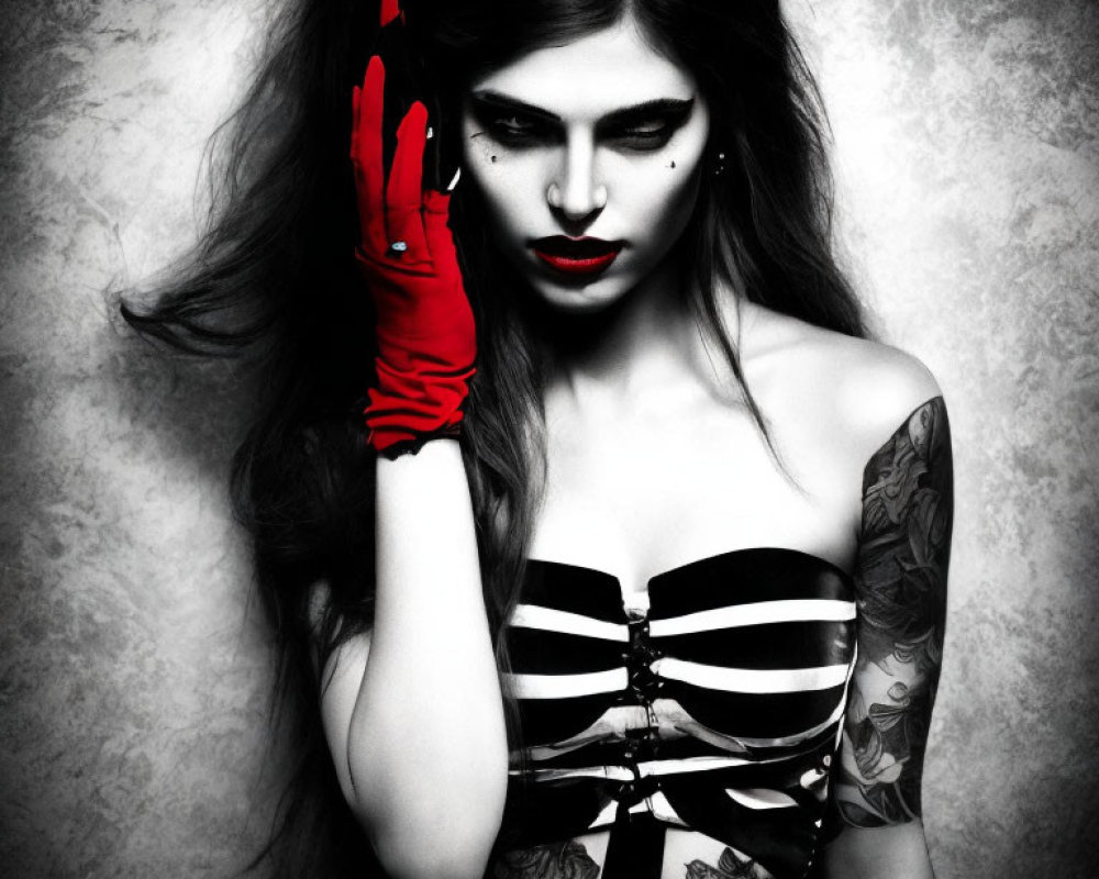 Monochromatic image of woman with red lipstick and gloves in gothic style