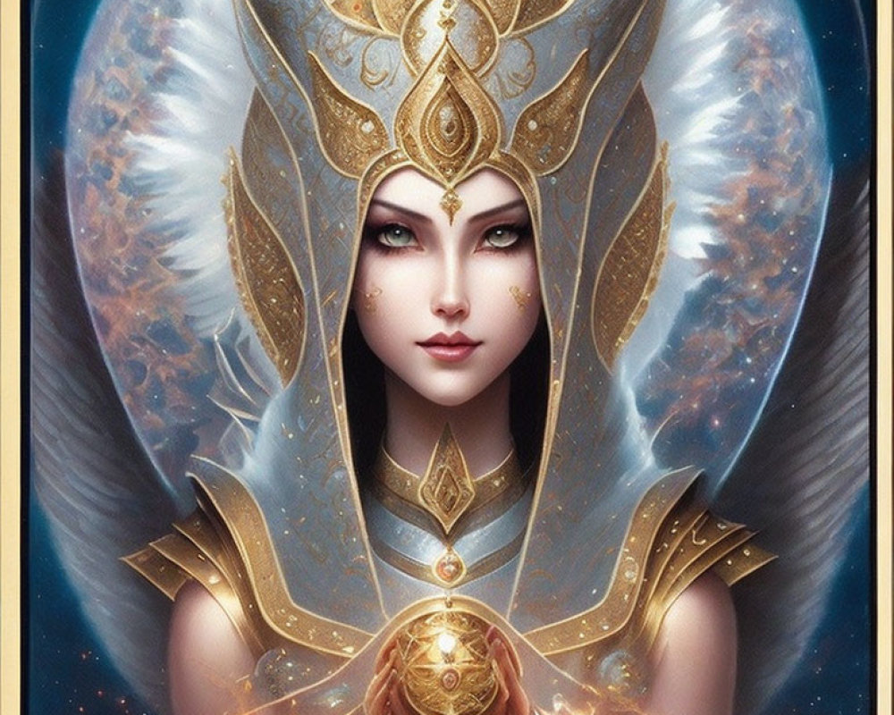 Regal female figure with gold and blue headdress and glowing orb in cosmic setting