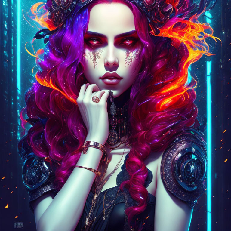 Fantasy Portrait of Woman with Purple and Red Hair, Futuristic Accessories