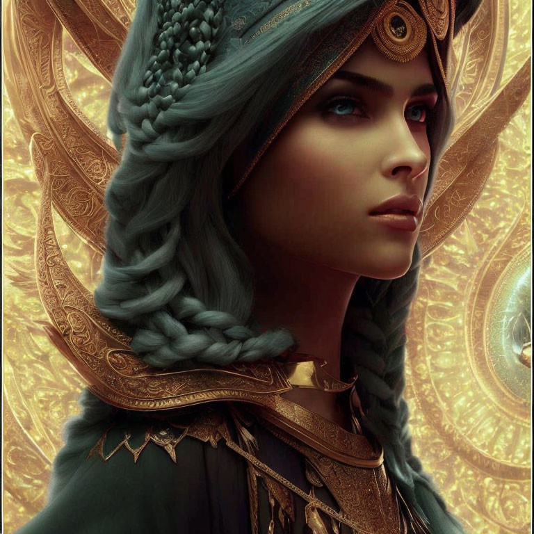 Digital artwork: Woman with braided hair in ornate golden armor on swirling background