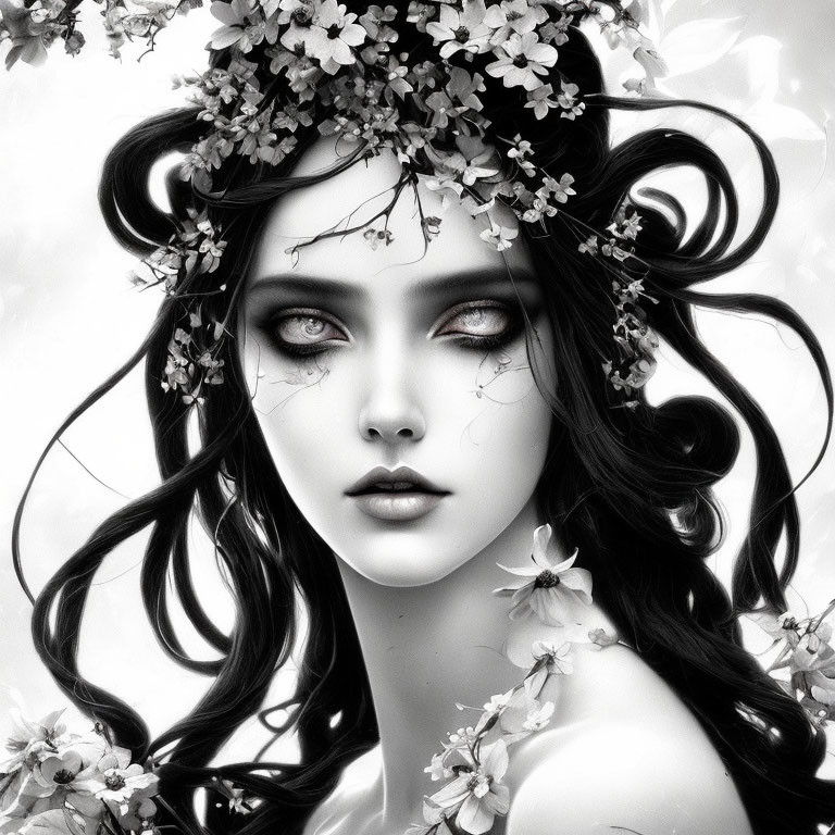 Monochrome portrait of a woman with dark hair, vibrant eyes, and a floral crown.