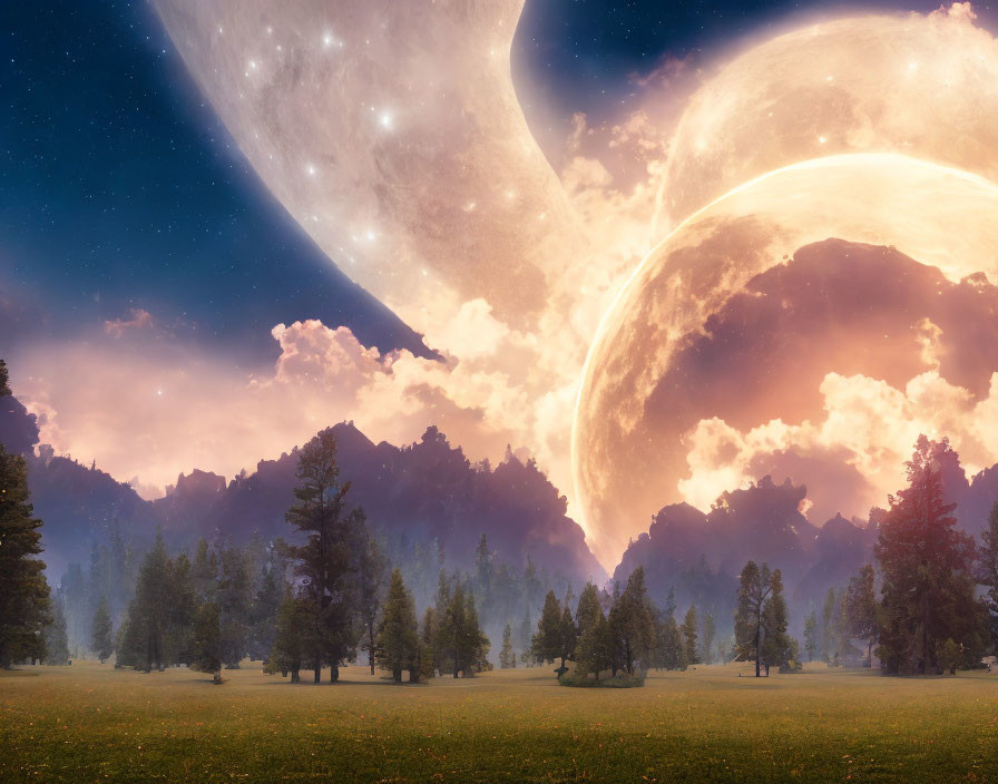 Surreal landscape featuring meadow, pine trees, moon-like celestial body, and galaxy