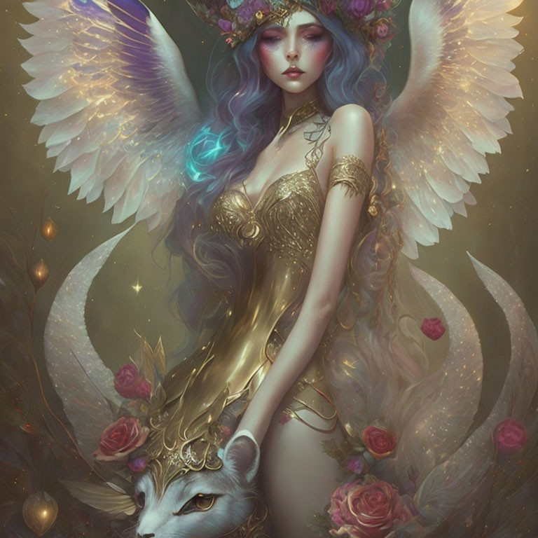 Fantasy illustration of winged woman with violet hair and white wolf adorned in gold.