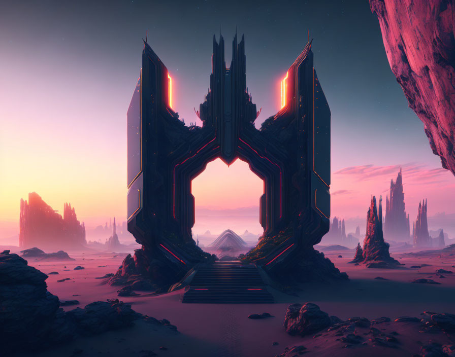 Futuristic alien gate glowing in orange lights on desolate rocky landscape