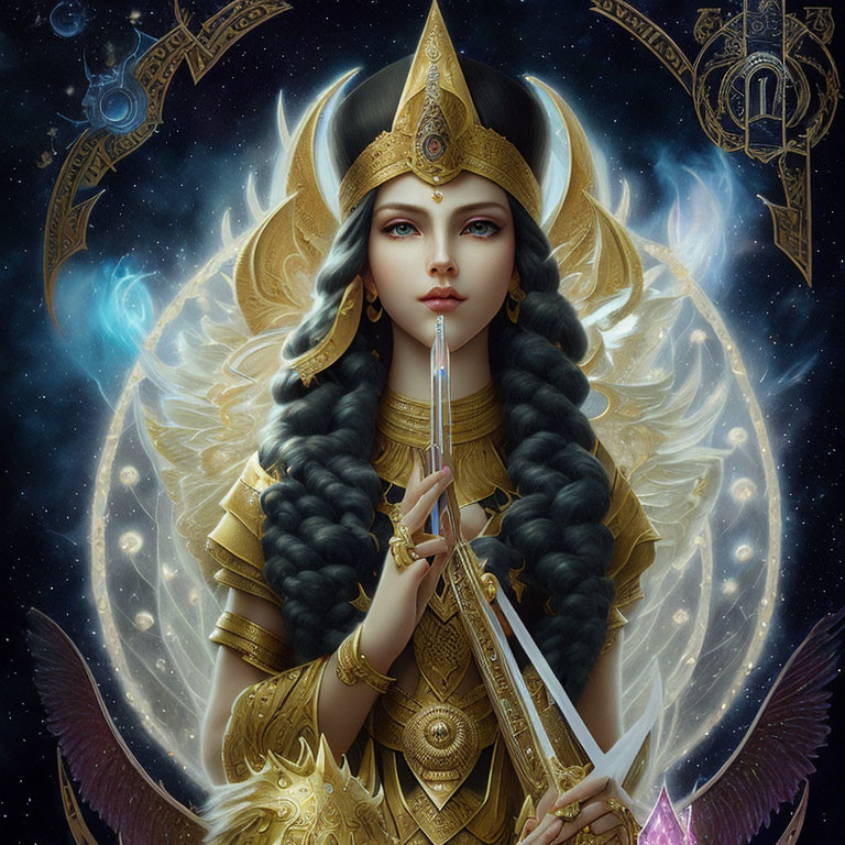 Celestial warrior woman with silver hair in ornate golden armor and luminous sword on cosmic background.