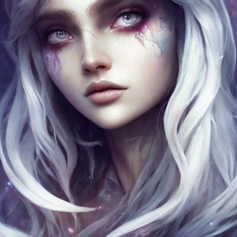 Digital artwork: Pale-skinned woman with long white hair and captivating eyes, featuring subtle purple hues and