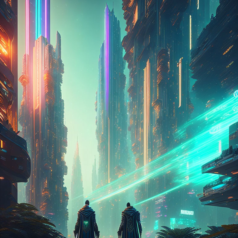 Futuristic cityscape with two figures at dusk