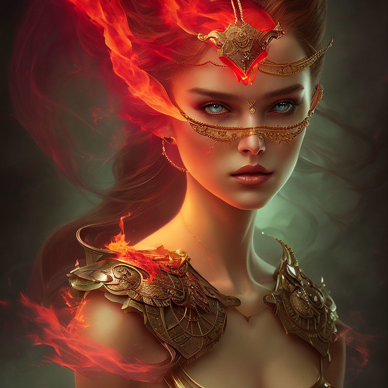 Fantasy portrait of woman with red hair and golden armor on dark background