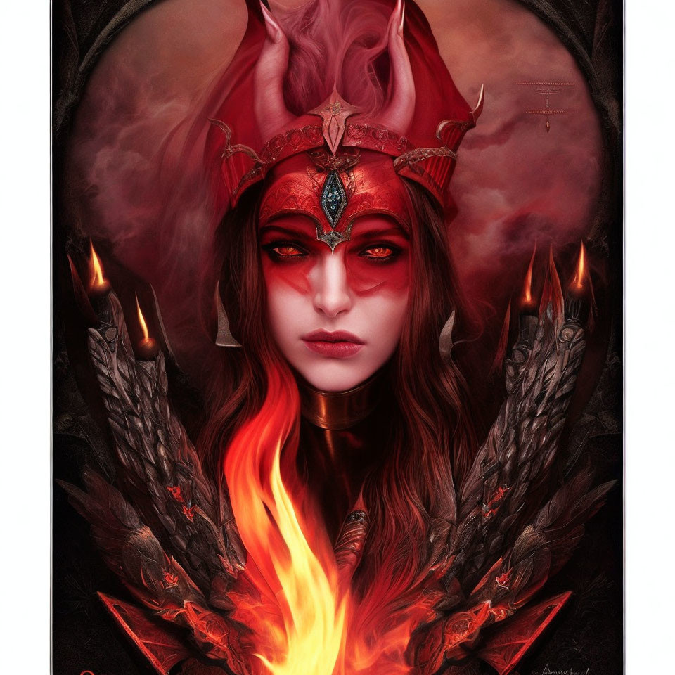 Fantasy illustration of woman with ornate helmet and glowing eyes