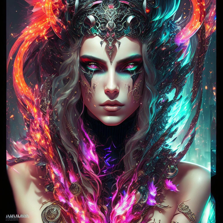 Fantasy female character digital artwork with ornate headgear and vibrant hair