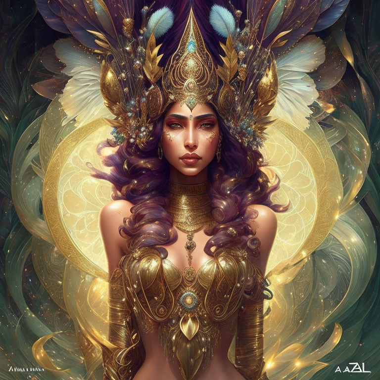 Fantasy artwork featuring woman with purple hair and golden headdress