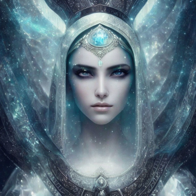 Digital Artwork: Woman with Striking Blue Eyes and Ethereal Headpiece