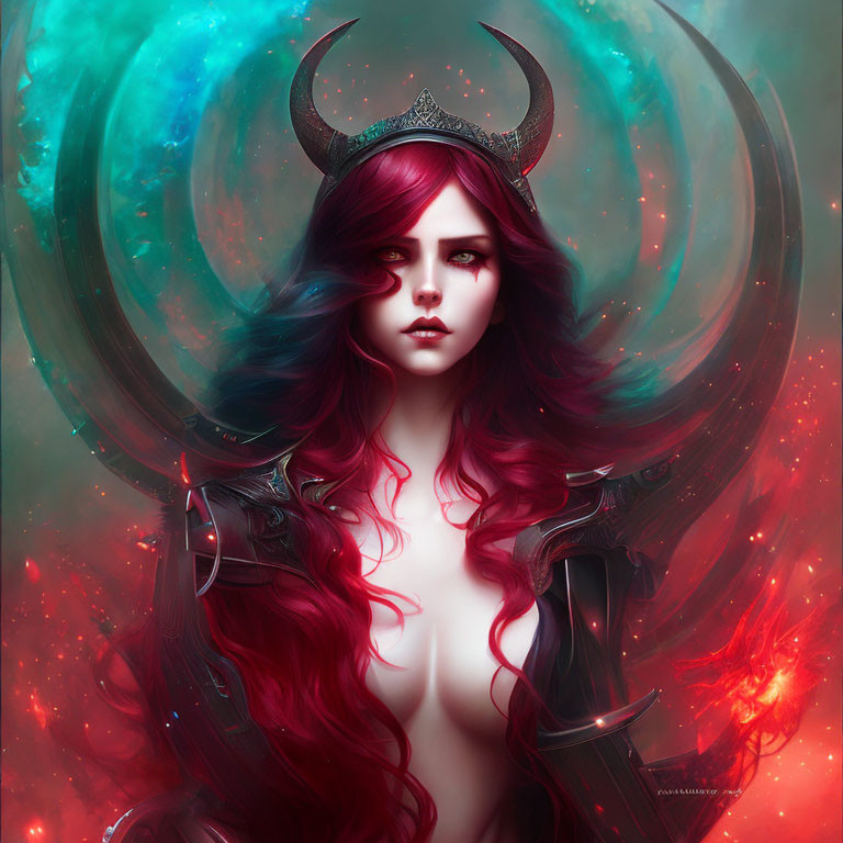 Mystical woman with horns and red hair in ethereal blue glow