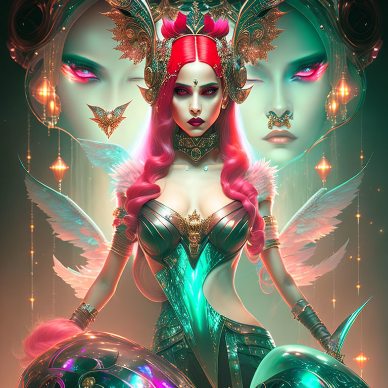 Fantasy Artwork: Female Character with Pink Hair and Golden Headgear Among Magical Creatures and Lanterns