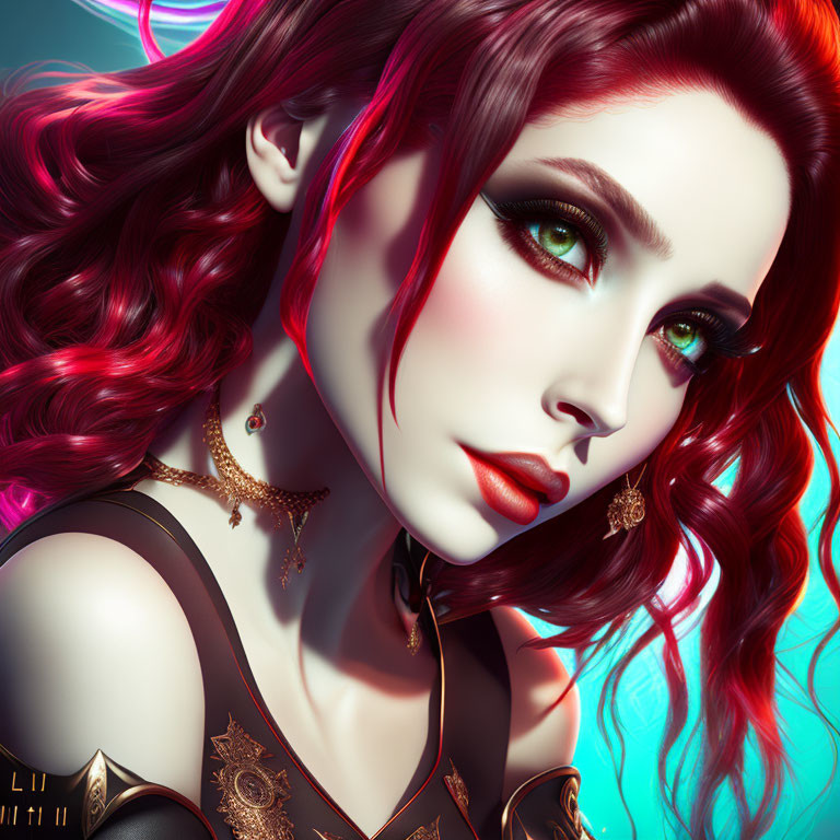 Digital artwork: Woman with red hair, green eyes, fantasy armor & jewelry on colorful backdrop