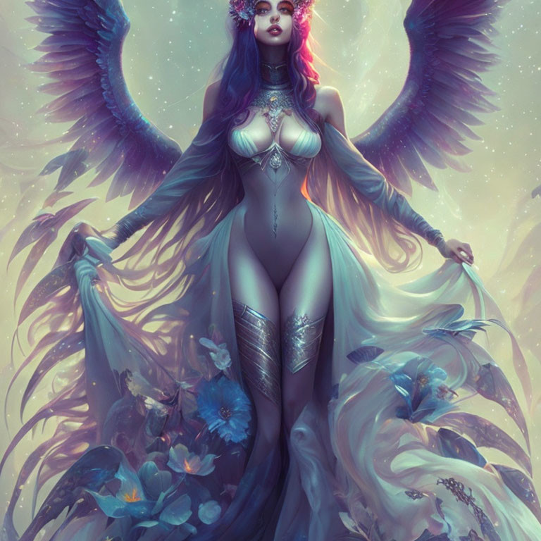 Winged female character in elaborate attire among ethereal flowers