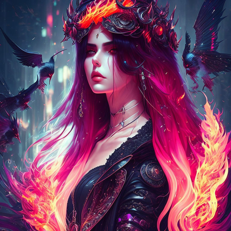 Fantasy illustration of a woman with fiery crown and ravens.