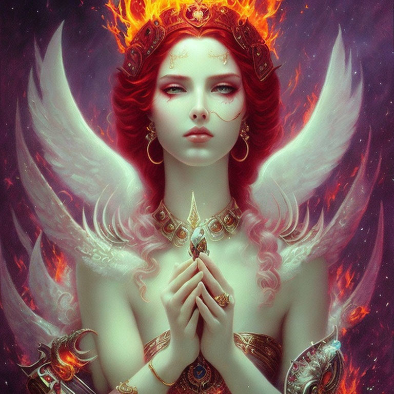 Red-haired woman with fiery effects, angelic wings, gold jewelry, and ethereal gaze