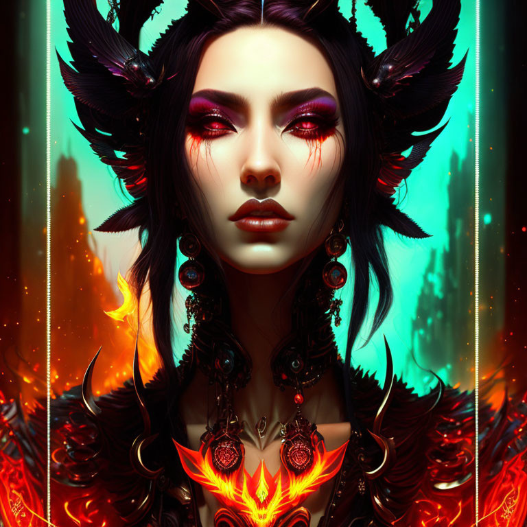 Fantasy portrait of woman with fiery eyes and ornate headpieces