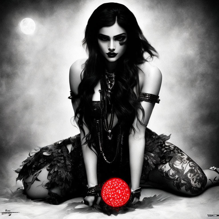 Monochrome gothic woman with dark makeup and tattoos holding red crystal ball under moon