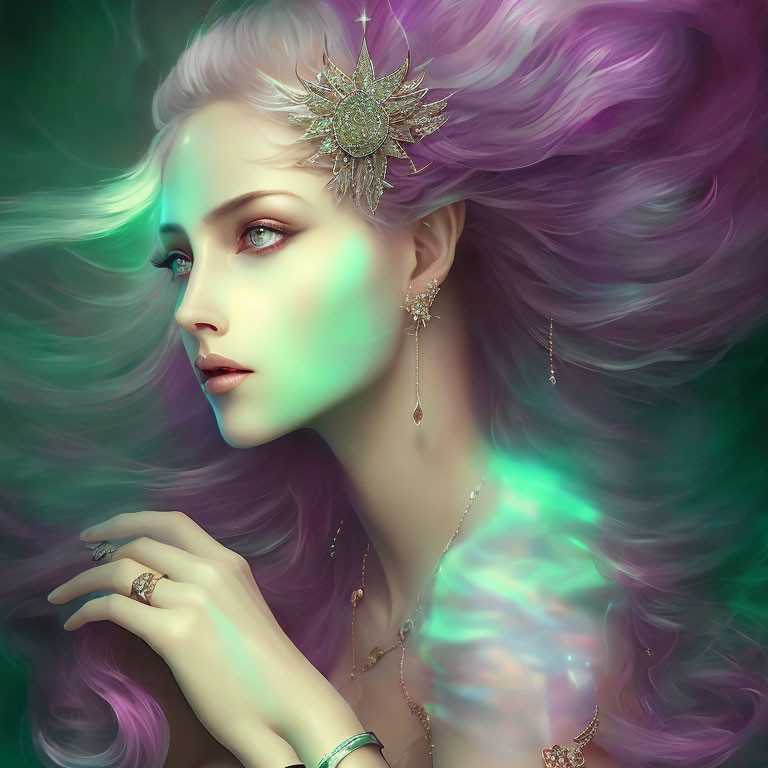 Portrait of woman with flowing purple hair and mystical green glow.