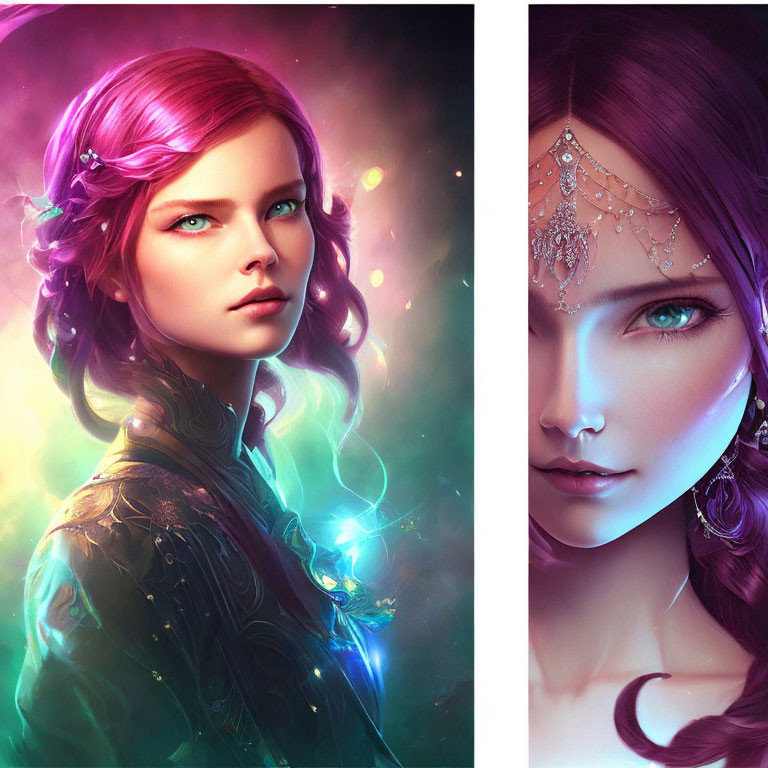 Colorful Fantasy Woman Portraits with Glowing Effects & Ornate Headpieces