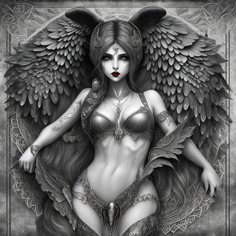 Monochromatic fantasy female figure with angelic wings, horned head, and tattoos on textured backdrop