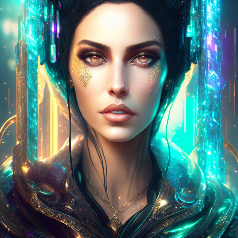 Digital portrait of woman with luminous eyes and gold tattoos in ethereal setting