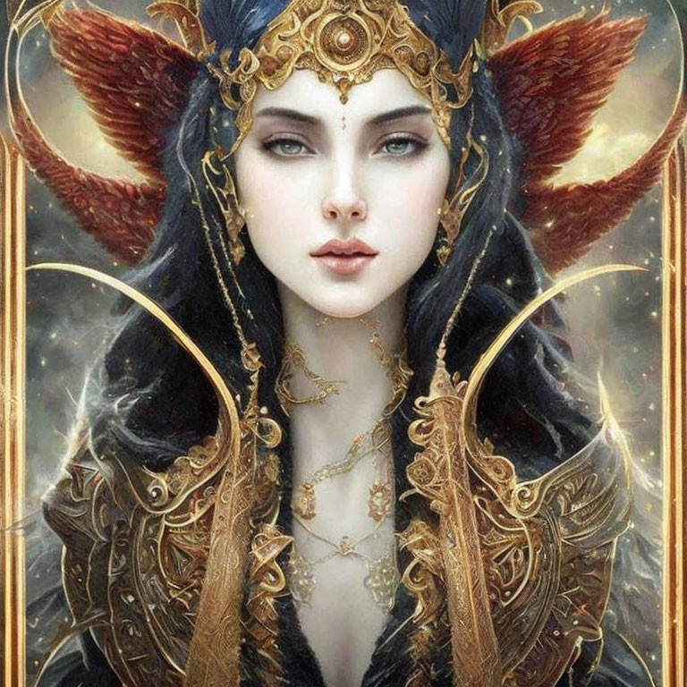 Fantasy portrait of woman in golden armor with red feathered wings